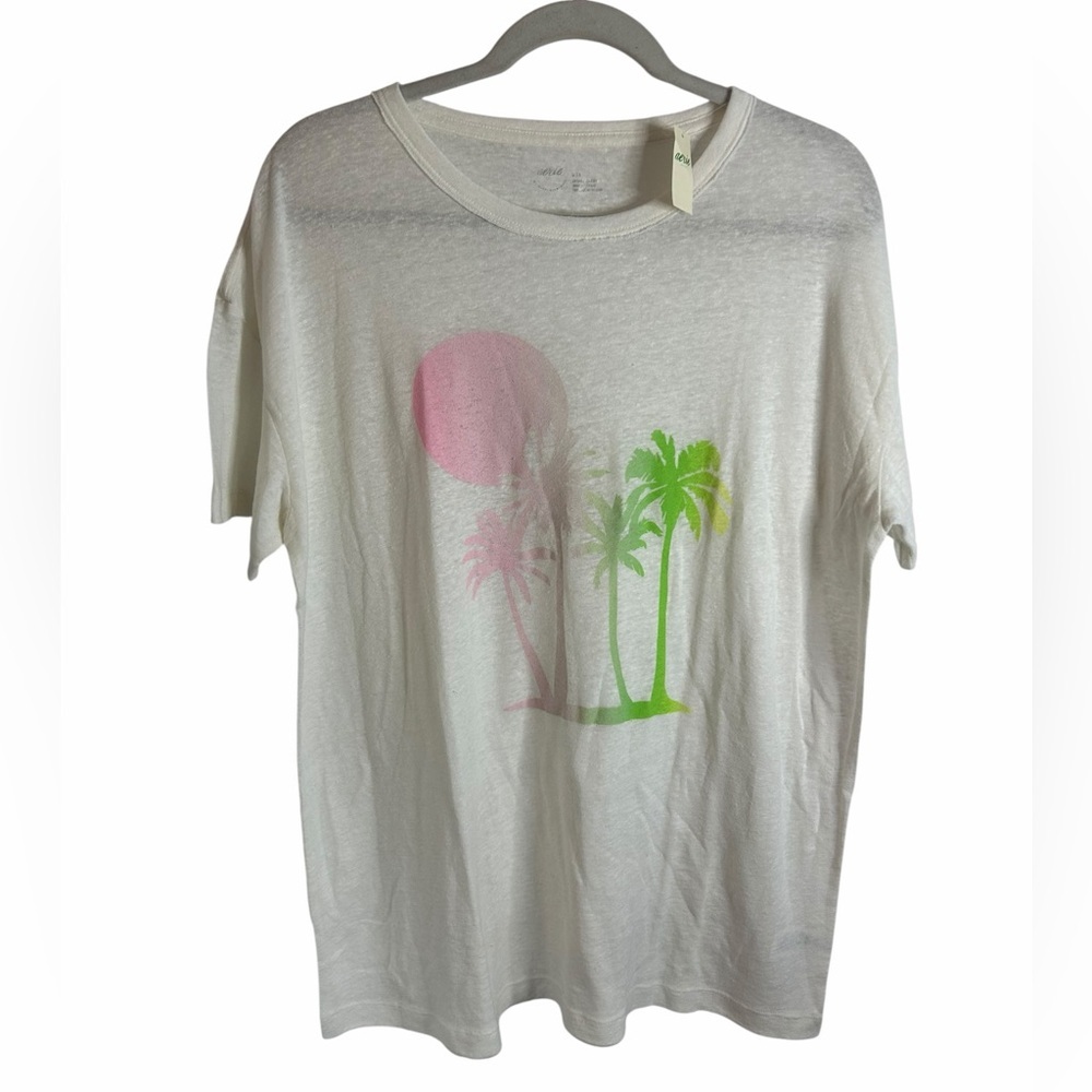 Aerie Breezy Boyfriend White Palm Tree T-Shirt Linen blend Neon Womens Med NWT - Picture 3 of 12